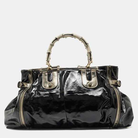 GUCCI Black/Gun Metal Coated Fabric and Patent Leather Pop Bamboo Handle Tote - Picture 4 of 8